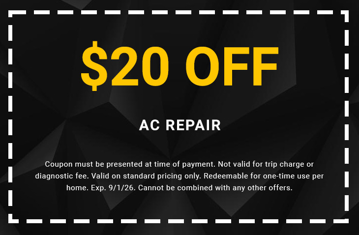 $20 off coupon for AC repair services, featuring bold text on a black background, promoting savings for plumbing and HVAC services by Chris Wilson Plumbing & Heating Repairs Inc.